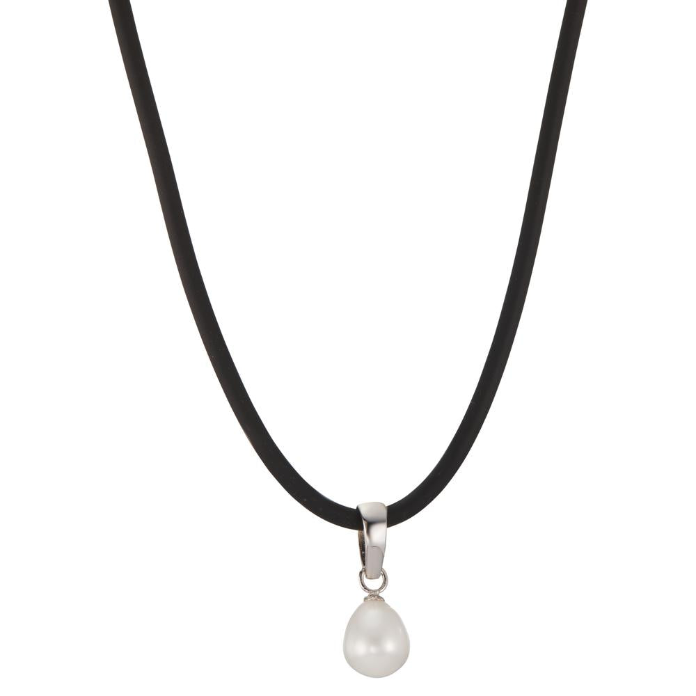 Collier Zilver, Rubber, Roestvrijstaal Gerhodineerd zoetwater Parel 42 cm