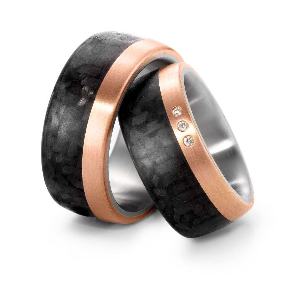 Partnerring Roestvrijstaal, 750/18 krt roségoud, Carbon