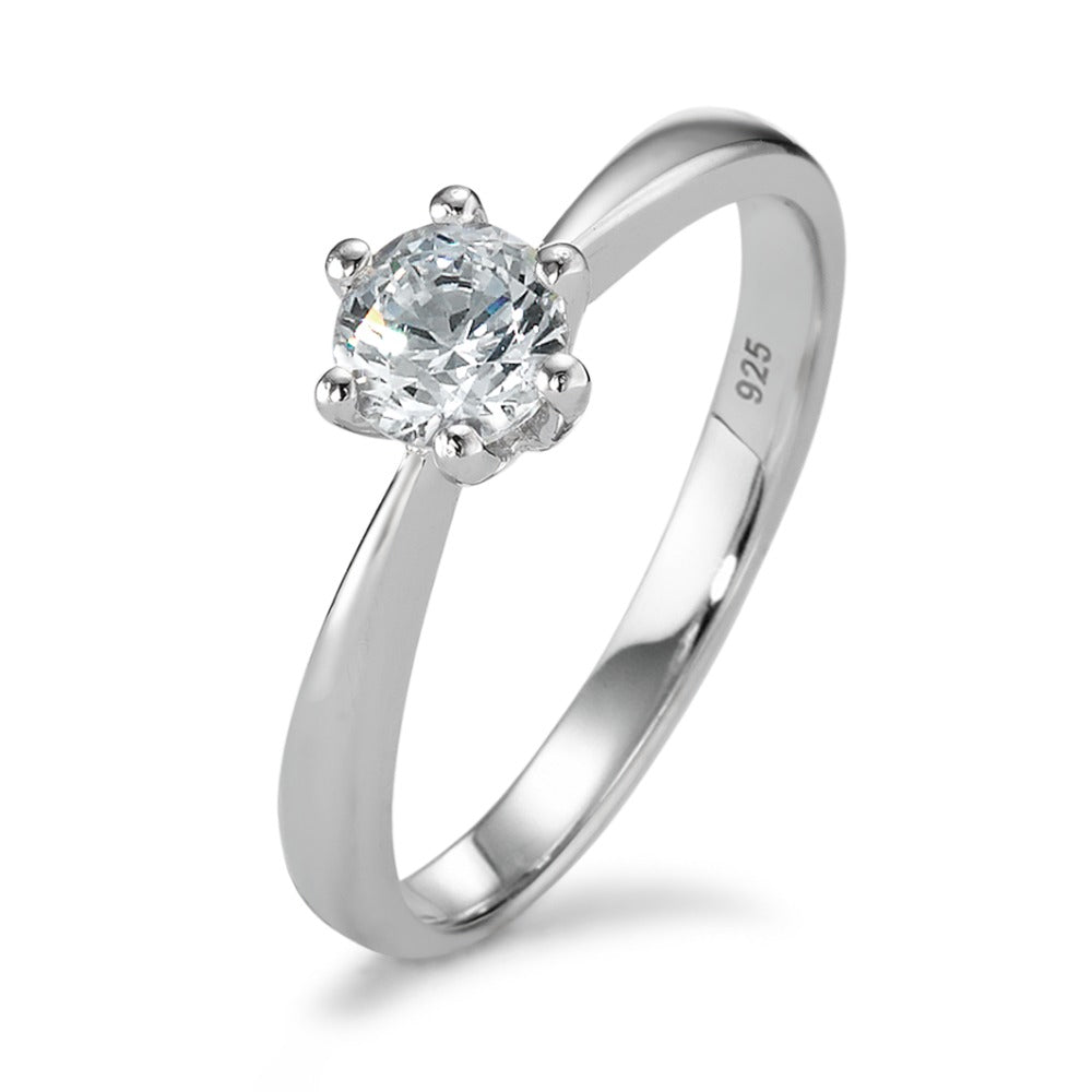 Solitaire ring Zilver Zirkonia wit, [rund], 6 mm Gerhodineerd