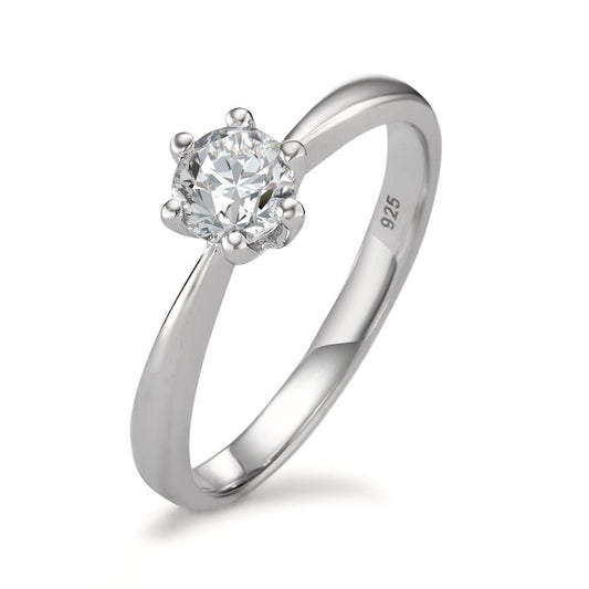 Solitaire ring Zilver Zirkonia wit, [rund], 6 mm Gerhodineerd