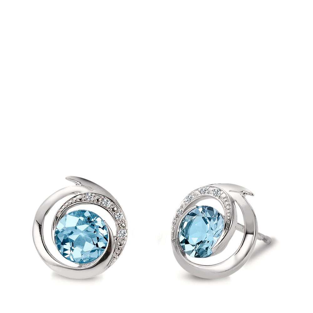 Oorknoppen 750/18K witgoud Topaas blauw, 2 Steen, Diamant wit, 0.03 ct, 6 Steen, [Brillant], w-si Ø11 mm