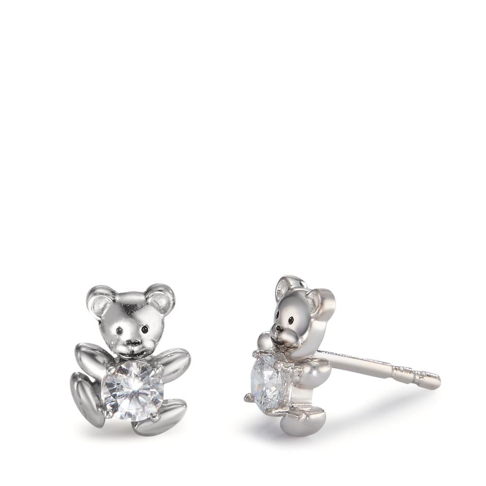 Oorknoppen Zilver Zirkonia wit, 2 Steen Gerhodineerd Teddybeer