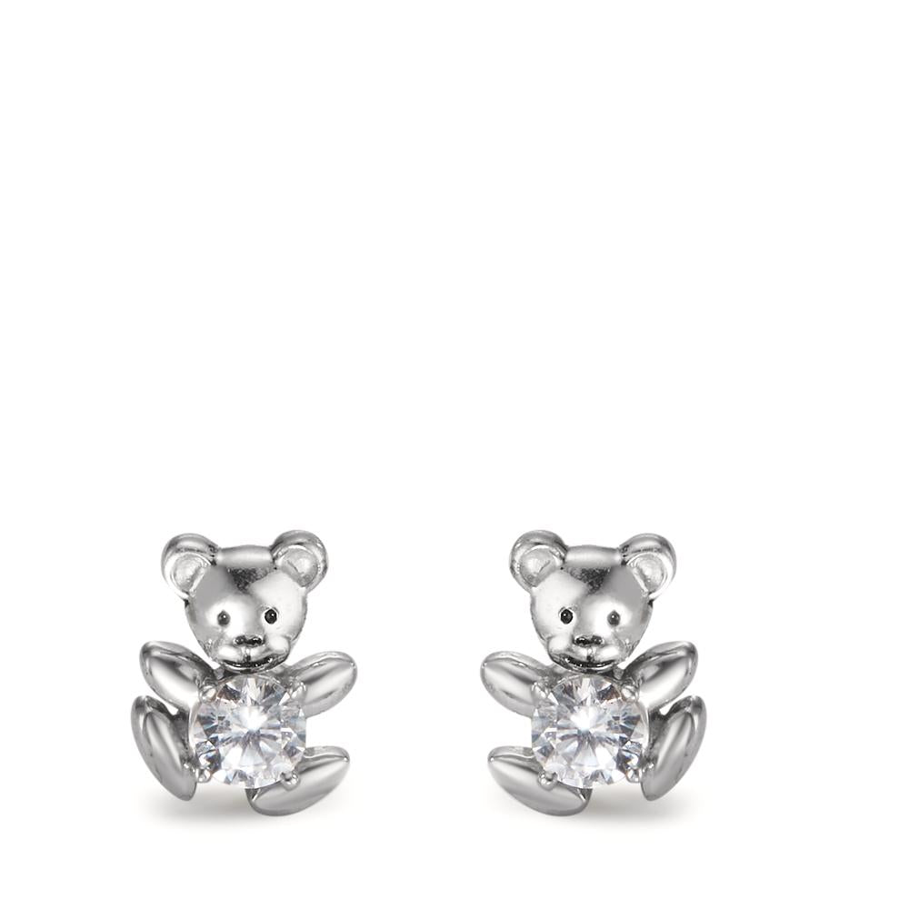 Oorknoppen Zilver Zirkonia wit, 2 Steen Gerhodineerd Teddybeer