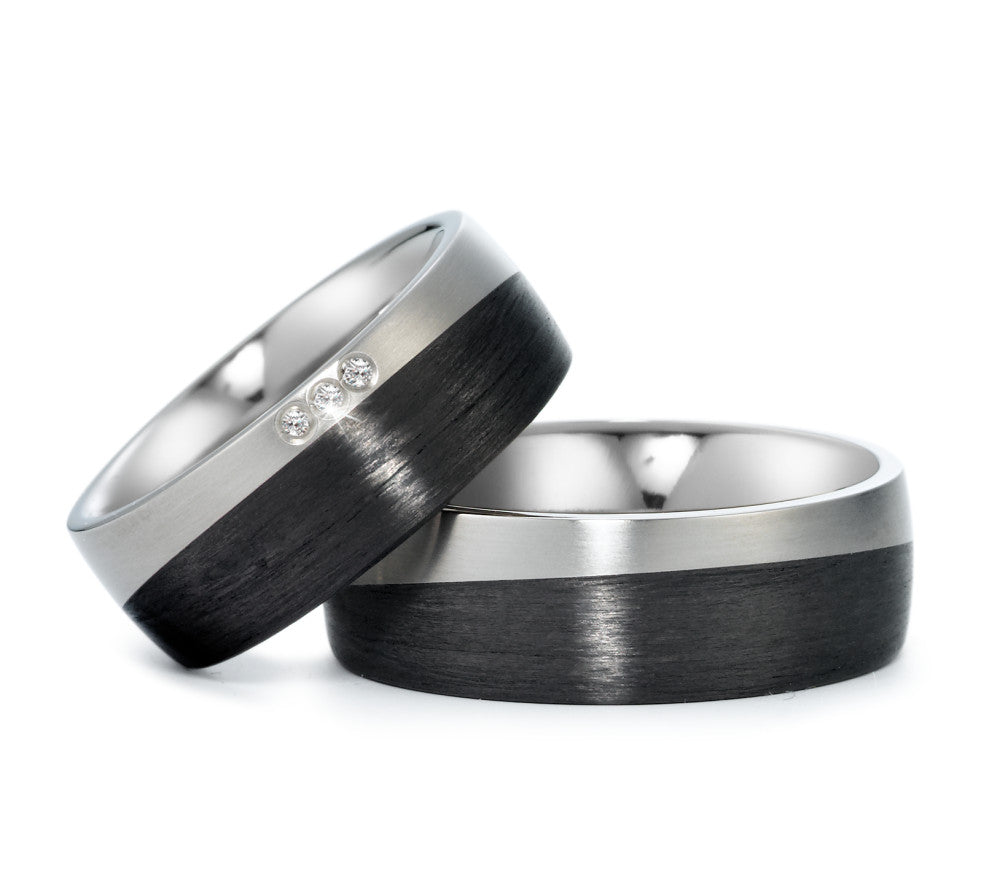 Partnerring Titanium, Carbon Diamant 0.03 ct, 3 Steen, w-si