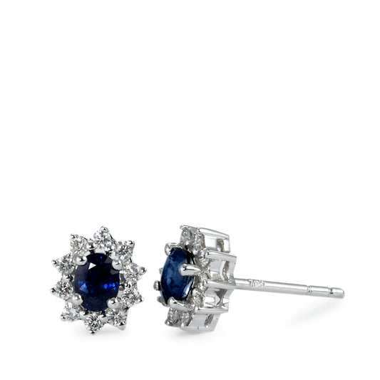 Oorknoppen 750/18K witgoud Saffier blauw, 2 Steen, [oval], Diamant wit, 0.18 ct, 20 Steen, w-si Ø7 mm