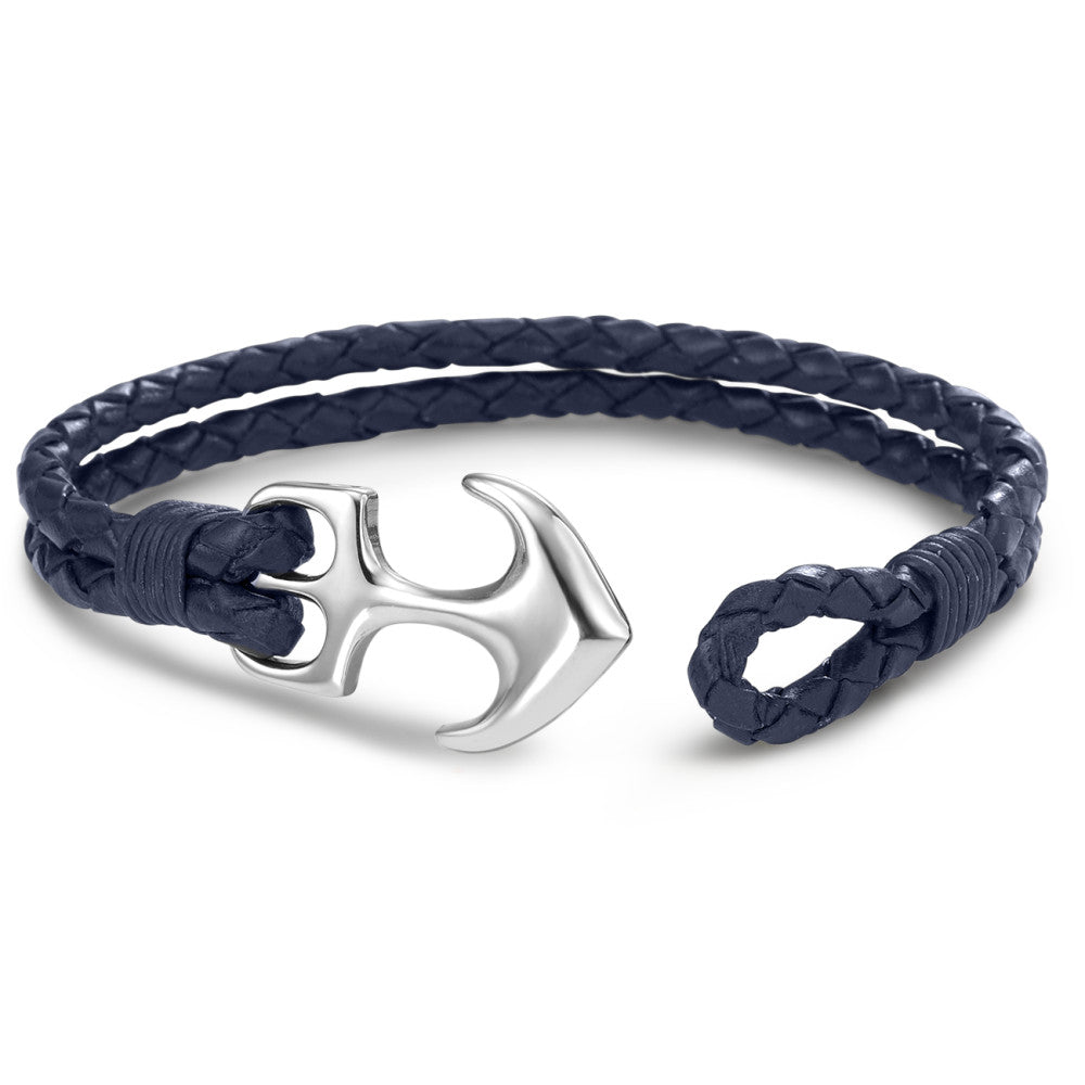 Armband Leder, Roestvrijstaal Anker 20 cm