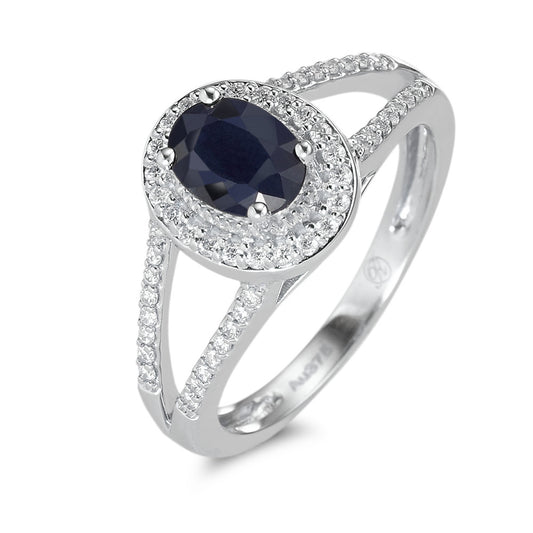 Ring 375/9K witgoud Saffier blauw, 0.95 ct, [oval], AAA, Diamant wit, 0.23 ct, 12 Steen, w-pi1