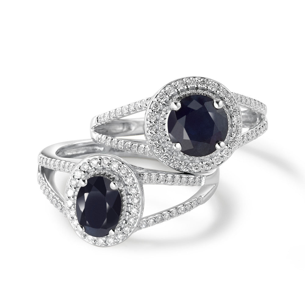 Ring 375/9 krt witgoud Saffier blauw, 0.95 ct, [oval], AAA, Diamant wit, 0.23 ct, 12 Steen, w-pi1