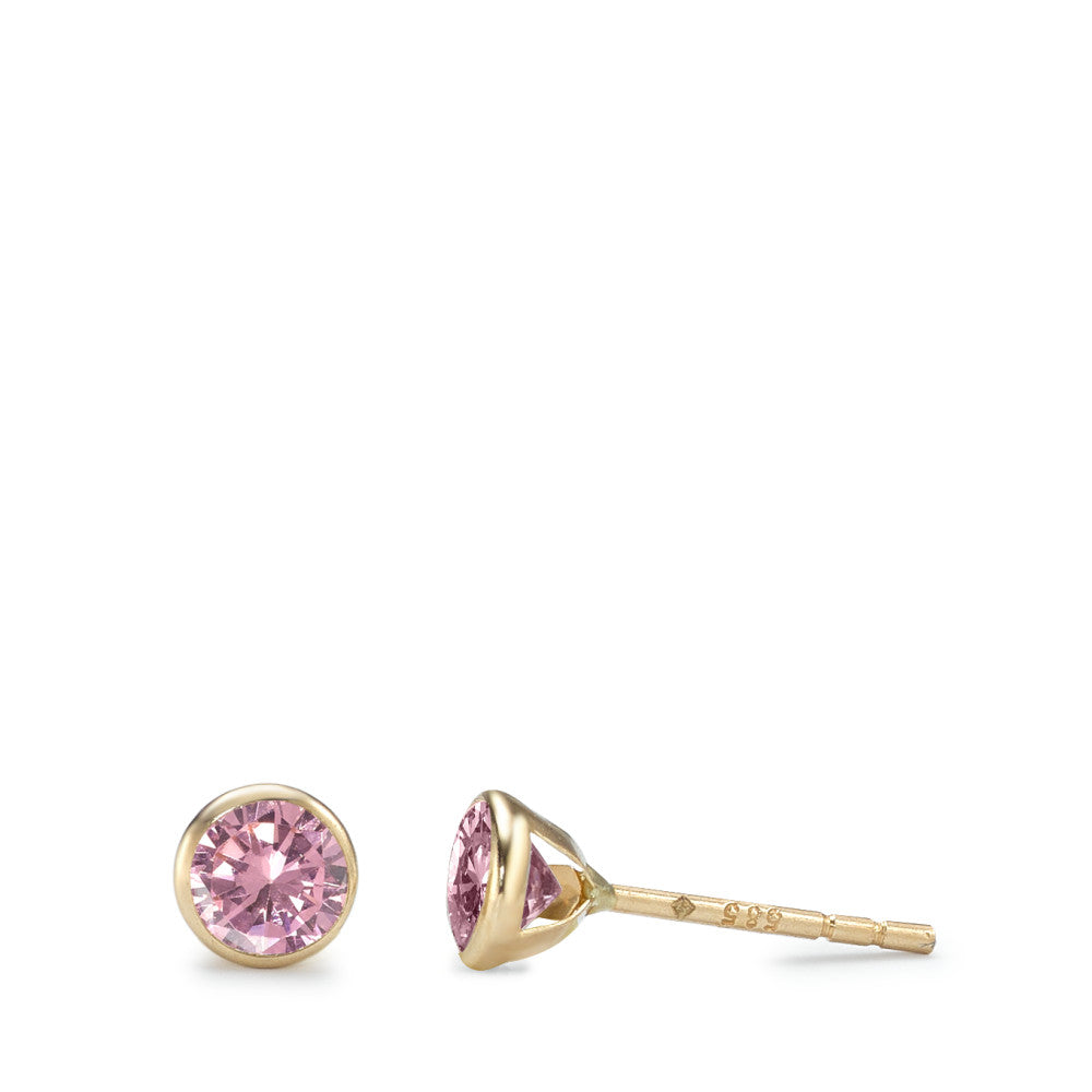 Oorknoppen 585/14K geel goud Zirkonia roze, 2 Steen Ø4.3 mm