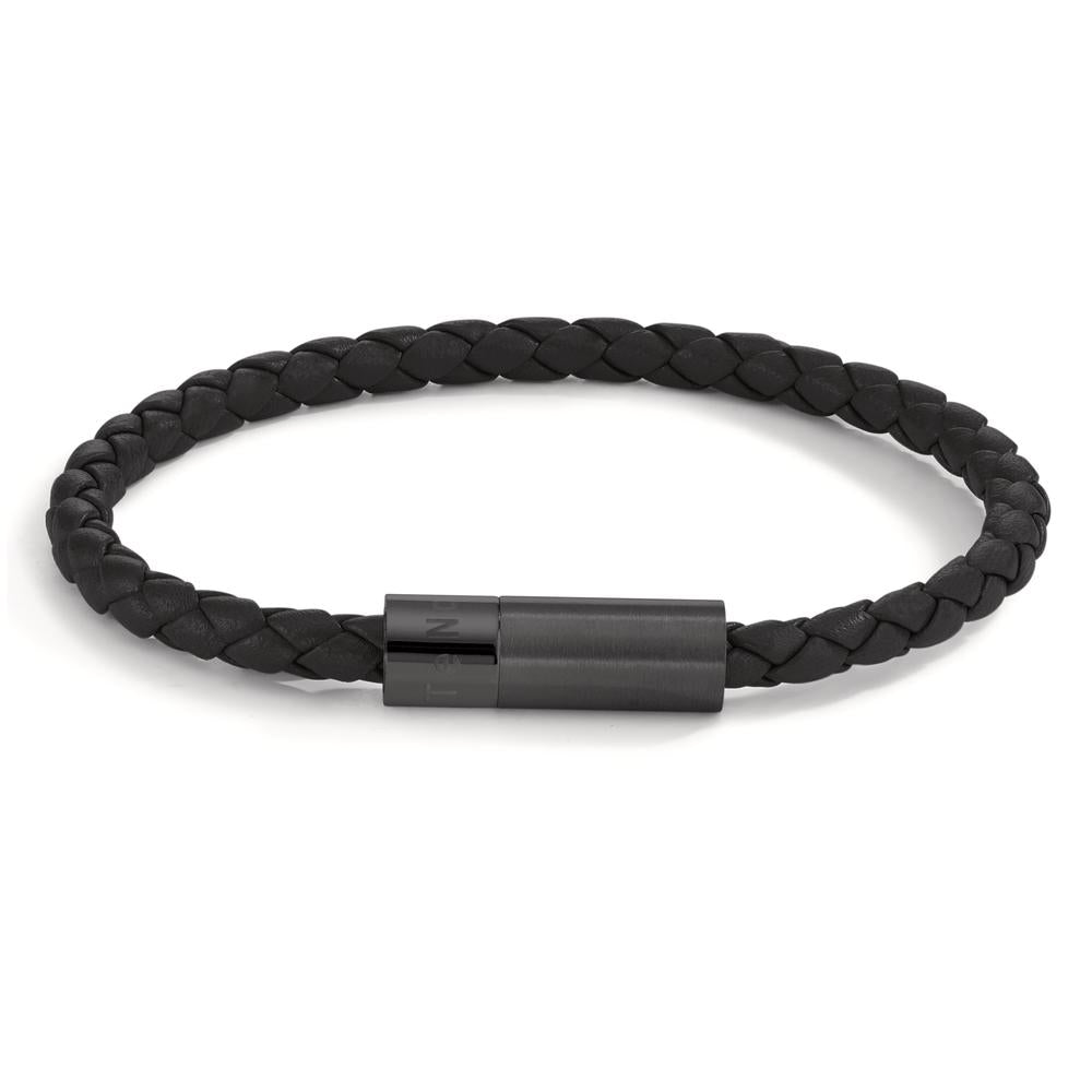 Armband Leder, Roestvrijstaal Zwart IP-gecoat 19 cm