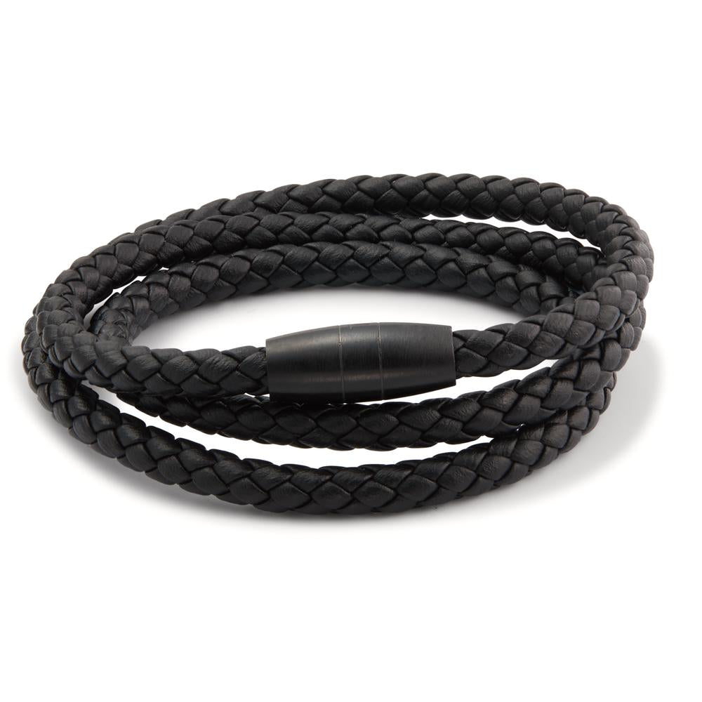 Armband Roestvrijstaal, Leder Zwart IP-gecoat 19 cm Ø5.5 mm