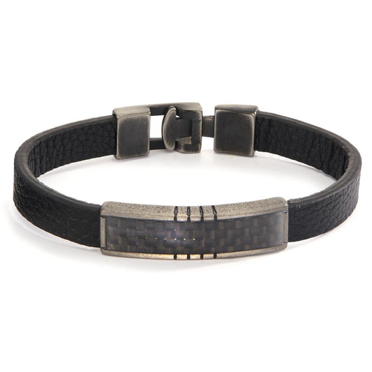 Armband Leder, Roestvrijstaal, Carbon Zwart IP-gecoat 21 cm