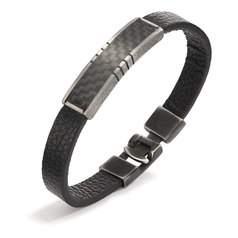 Armband Leder, Roestvrijstaal, Carbon Zwart IP-gecoat 21 cm