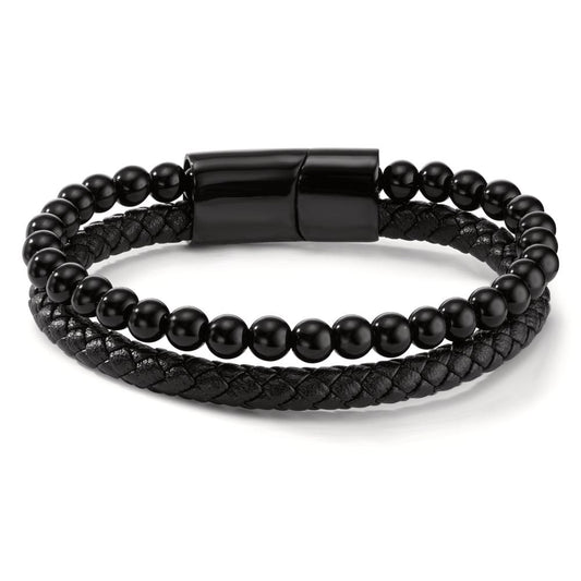 Armband Roestvrijstaal, Leder [synth. Stein] Zwart IP-gecoat 20.5 cm