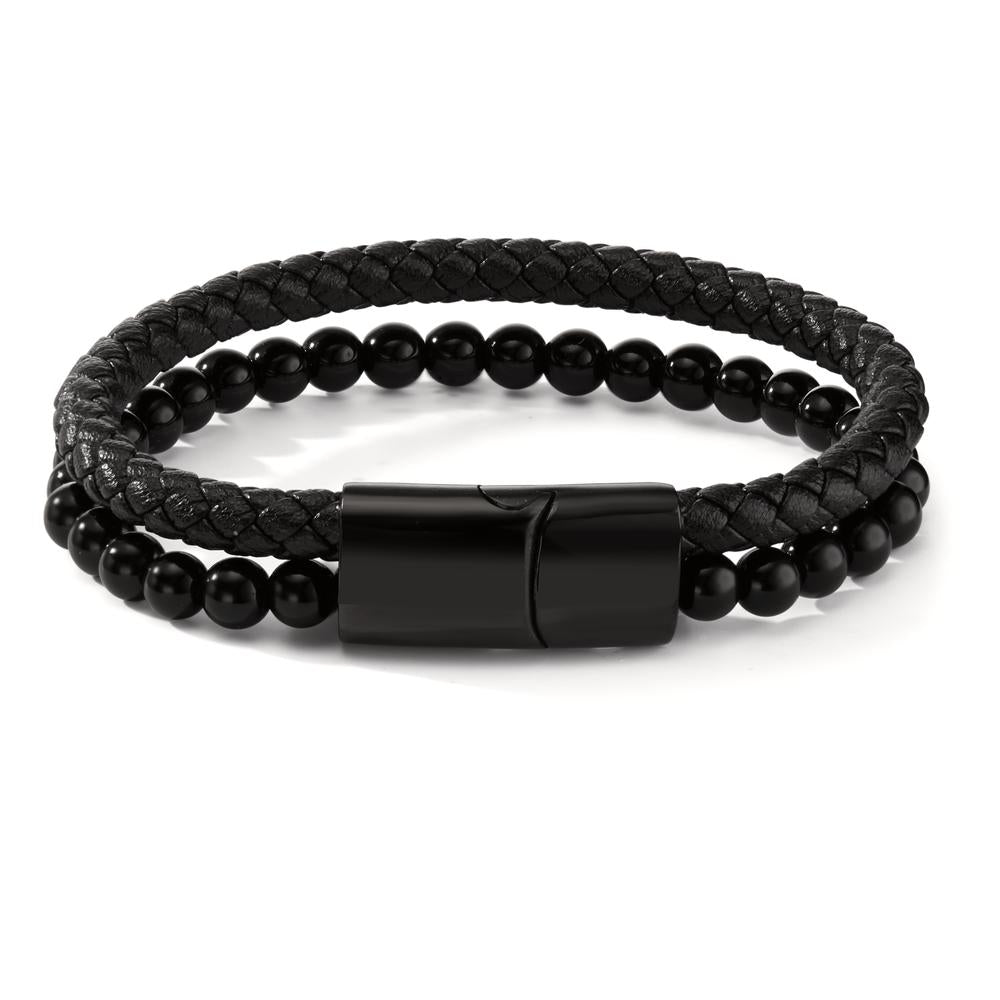 Armband Roestvrijstaal, Leder [synth. Stein] Zwart IP-gecoat 20.5 cm