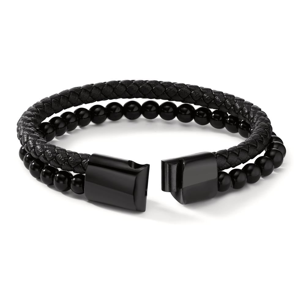 Armband Roestvrijstaal, Leder [synth. Stein] Zwart IP-gecoat 20.5 cm