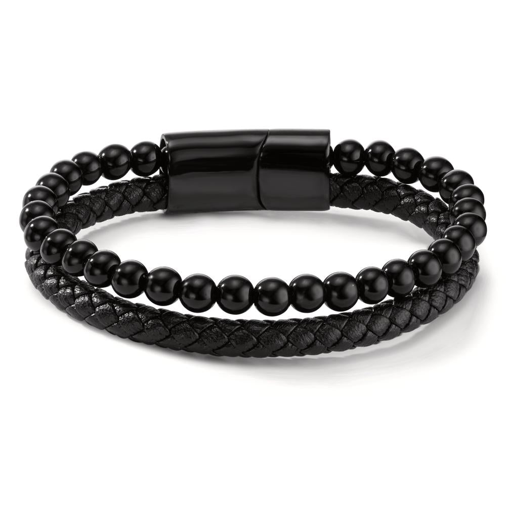 Armband Roestvrijstaal, Leder Lava Zwart IP-gecoat 20.5 cm