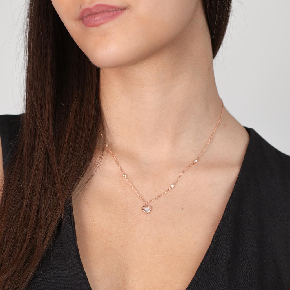 Collier Zilver Zirkonia 4 Steen Rosé Verguld Parelmoer Hart 40-45 cm