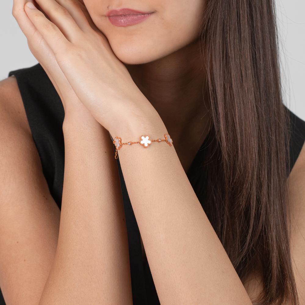 Armband Zilver Zirkonia 3 Steen Rosé Verguld Parelmoer Bloem 15.5-18 cm