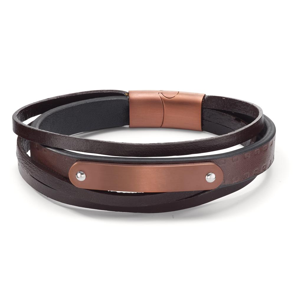 Armband Roestvrijstaal, Leder Bruin IP-gecoat 20.5 cm