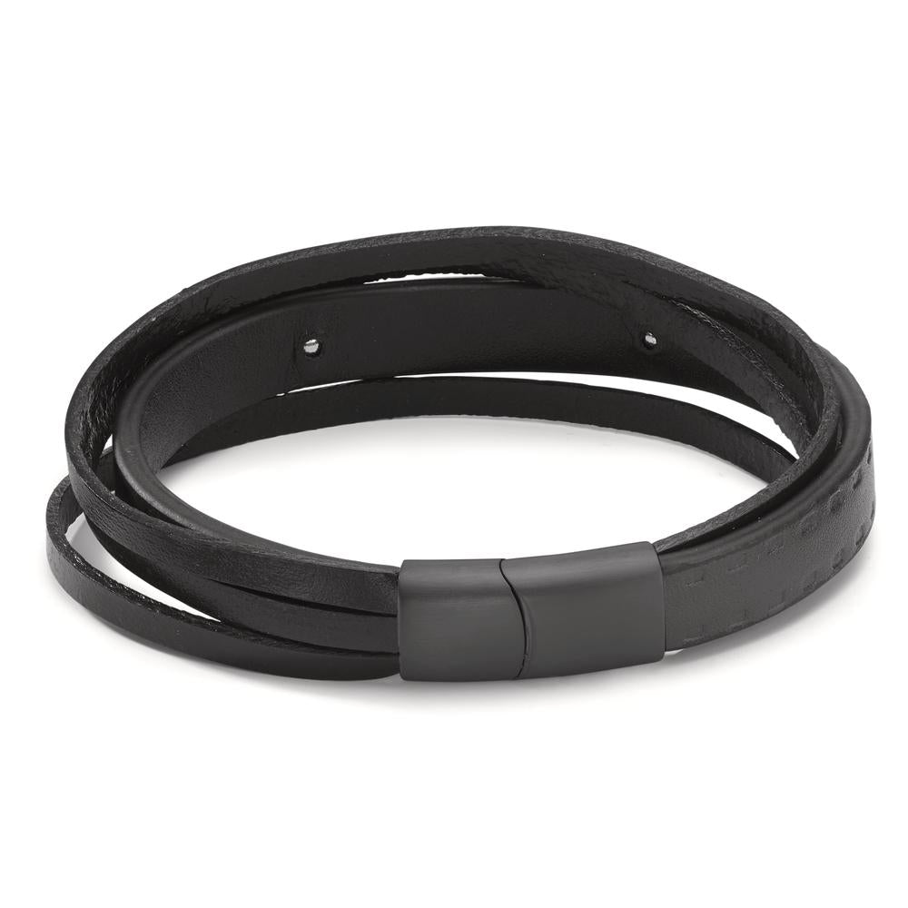 Armband Roestvrijstaal, Leder Zwart IP-gecoat 20.5 cm