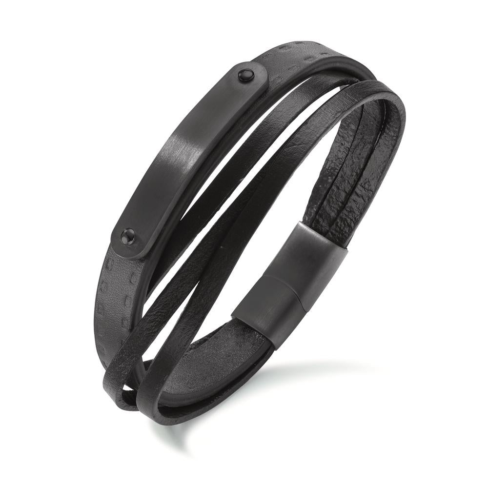 Armband Roestvrijstaal, Leder Zwart IP-gecoat 20.5 cm