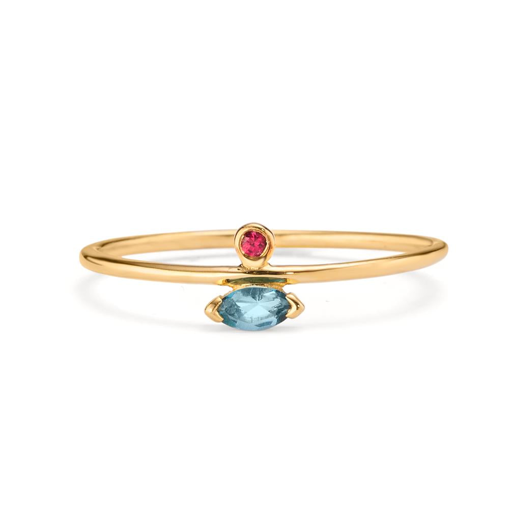 Ring 585/14 krt geel goud Robijn 0.016 ct, Londen blauw Topaas 0.09 ct